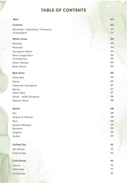 table of contents